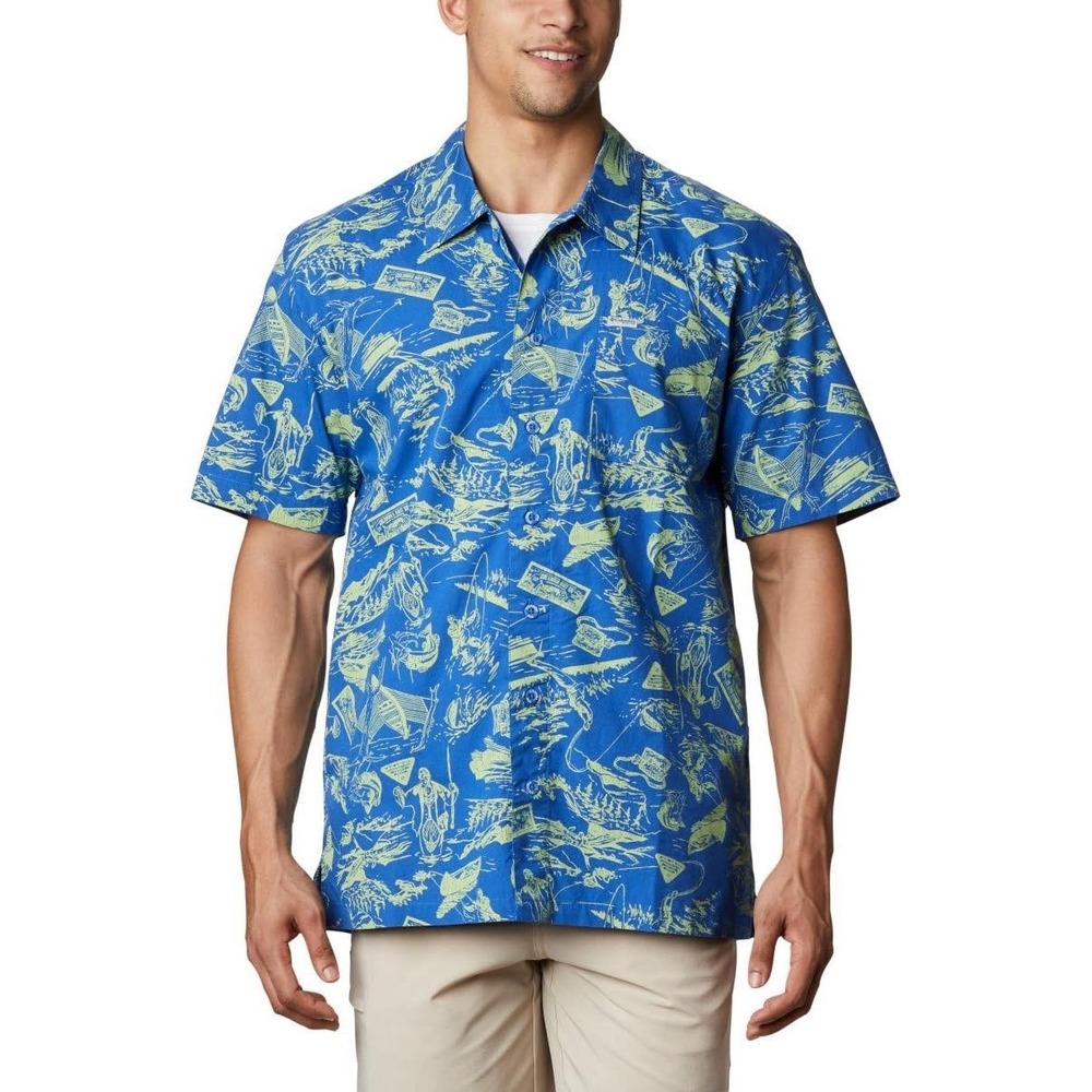 Columbia PFG Trollers Best Vented Short Sleeve Shirt Mens XL Blue Fishing Print
